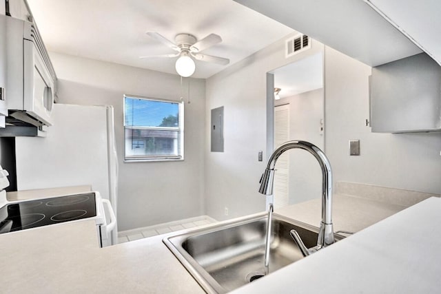 kitchen with range, electric panel, ceiling fan, and sink