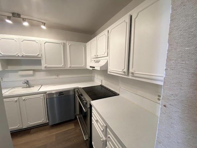 kitchen with sink, white cabinets, range hood, and appliances with stainless steel finishes