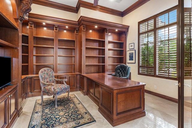 home office with ornamental molding