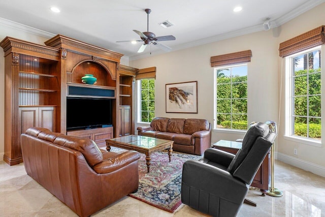 living room featuring ornamental molding, ceiling fan, and light tile patterned floors