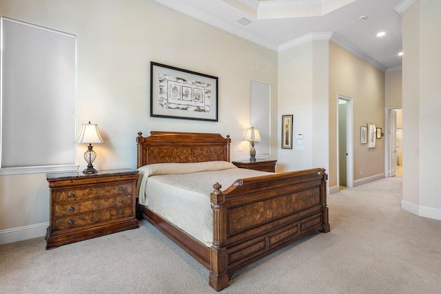 carpeted bedroom featuring a towering ceiling and crown molding