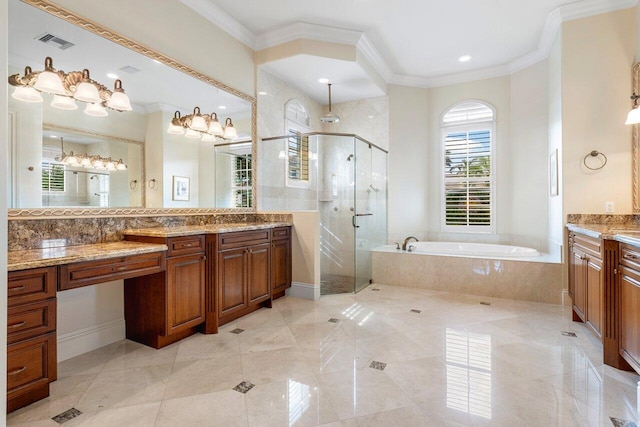 bathroom with vanity, separate shower and tub, and crown molding