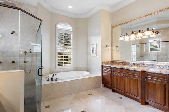 bathroom featuring separate shower and tub, vanity, and crown molding