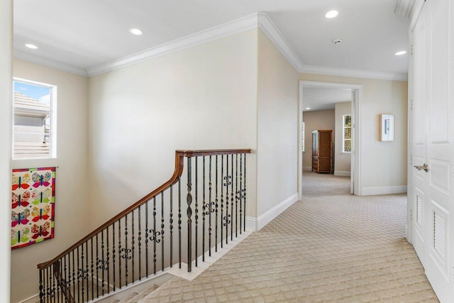 corridor featuring light carpet and ornamental molding