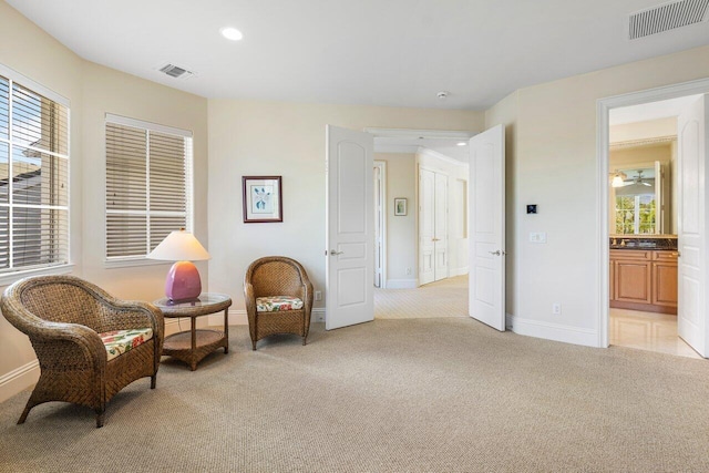 sitting room with light colored carpet and plenty of natural light