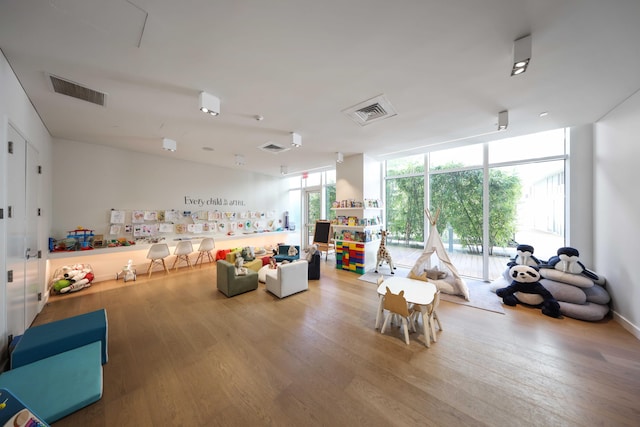 playroom with hardwood / wood-style flooring and floor to ceiling windows