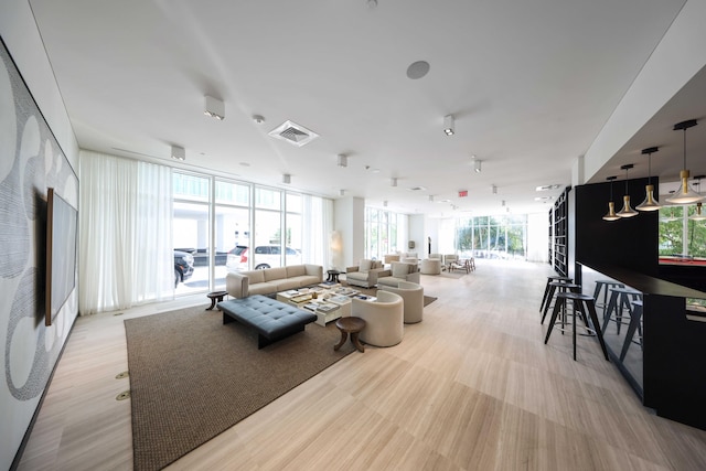 living room featuring a healthy amount of sunlight and a wall of windows