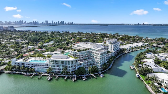 drone / aerial view with a water view