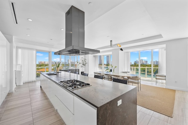 kitchen featuring island range hood, a kitchen island, a healthy amount of sunlight, and stainless steel gas stovetop