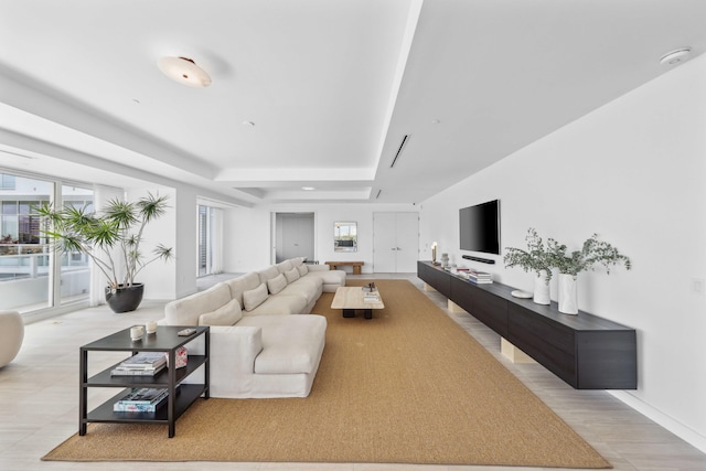 living room with a tray ceiling