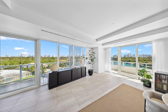 interior space with a water view