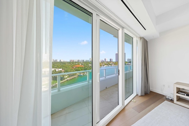 entryway featuring hardwood / wood-style floors and a water view