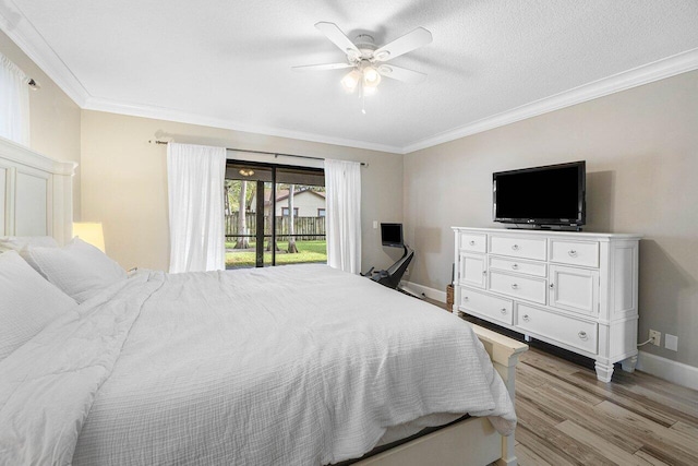 bedroom featuring access to outside, ceiling fan, light hardwood / wood-style flooring, and ornamental molding