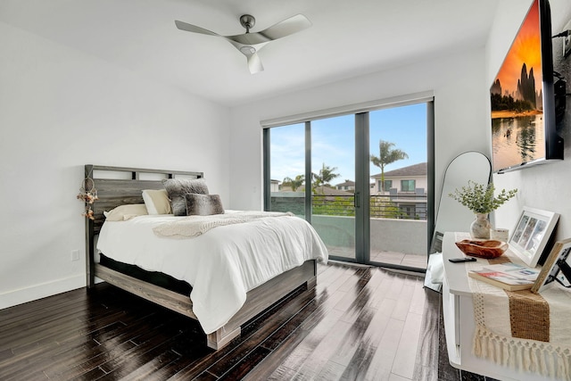 bedroom with ceiling fan, dark hardwood / wood-style floors, and access to outside