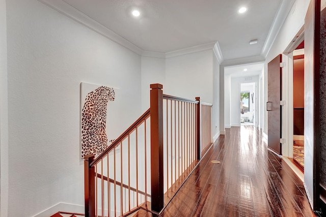 hallway with hardwood / wood-style floors and ornamental molding