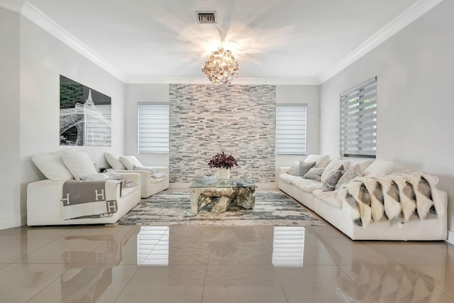 living room with light tile patterned floors, a notable chandelier, and ornamental molding