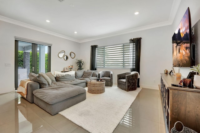 tiled living room featuring ornamental molding