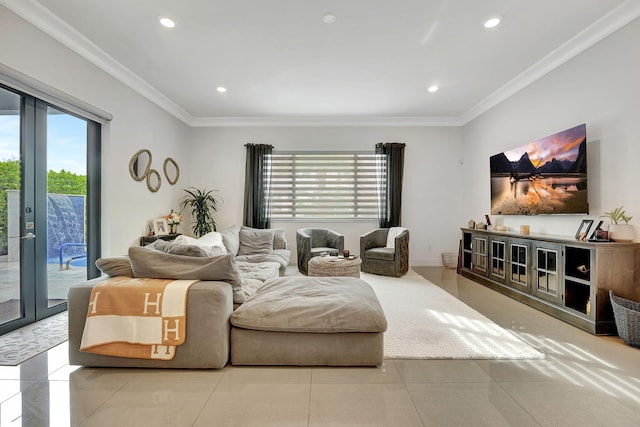 living room with light tile patterned floors, french doors, and ornamental molding