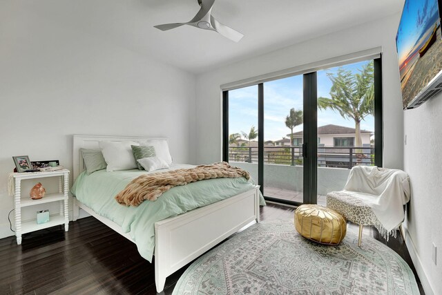 bedroom with access to outside, hardwood / wood-style floors, and ceiling fan