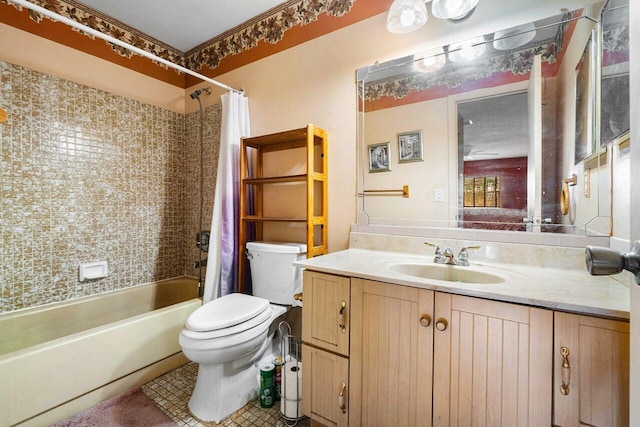 full bathroom featuring vanity, shower / bathtub combination with curtain, and toilet