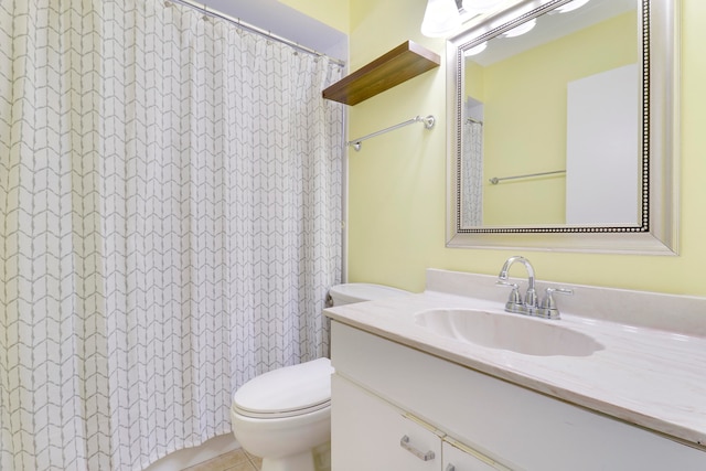 bathroom with tile patterned flooring, vanity, toilet, and a shower with shower curtain