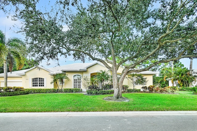 view of front of house with stucco siding and a front yard