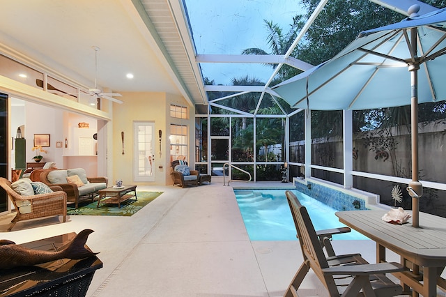 view of swimming pool with a patio, a fenced in pool, a ceiling fan, an outdoor living space, and a lanai