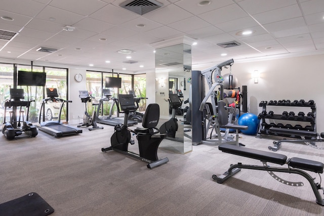 exercise room with a paneled ceiling and carpet floors