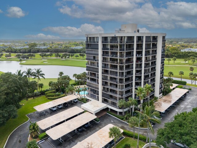 view of building exterior with a water view