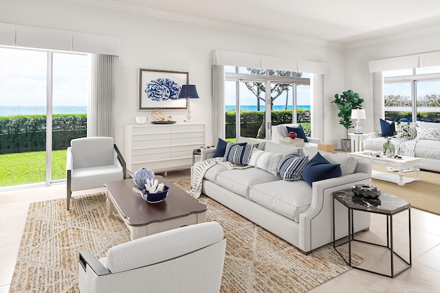 living room featuring light tile patterned floors, a water view, and crown molding