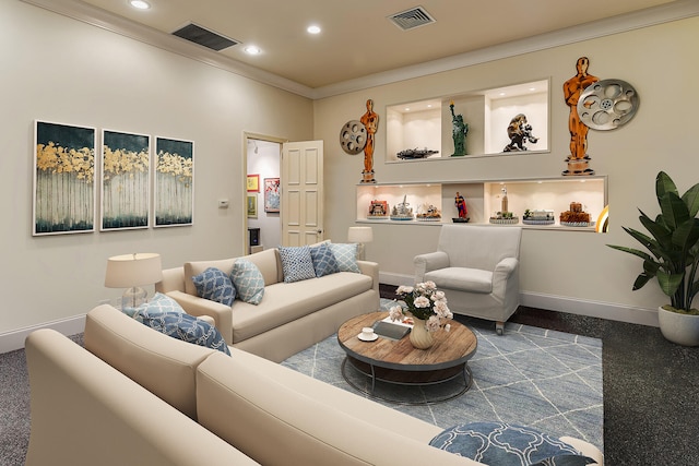 living room with carpet and ornamental molding