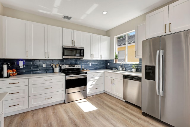 kitchen featuring white cabinets, stainless steel appliances, and light hardwood / wood-style flooring