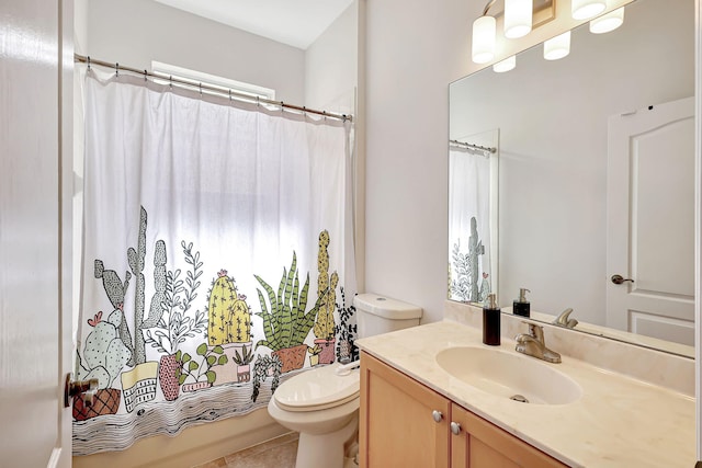 full bathroom featuring tile patterned flooring, vanity, toilet, and shower / bath combo