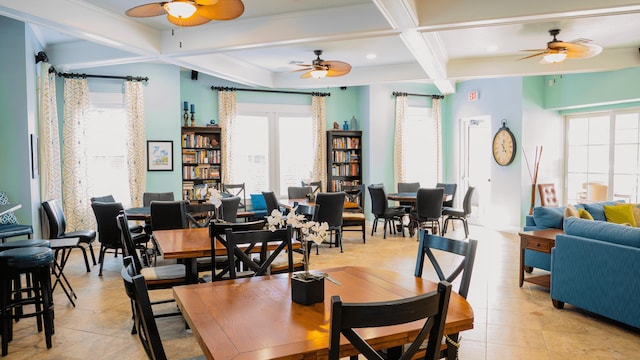 dining area featuring beam ceiling, ceiling fan, and coffered ceiling