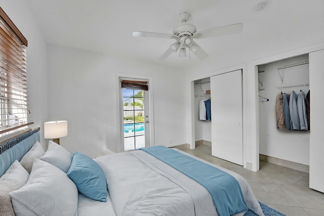 tiled bedroom featuring multiple closets, access to outside, and ceiling fan