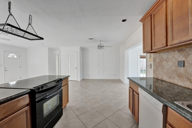 kitchen featuring white dishwasher, light tile patterned floors, tasteful backsplash, black range with electric stovetop, and ceiling fan