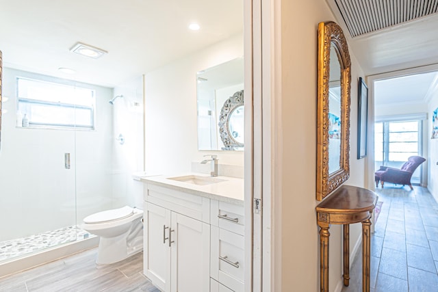 bathroom with vanity, toilet, a shower with door, and a wealth of natural light