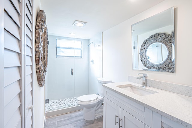 bathroom featuring vanity, toilet, and a shower with door