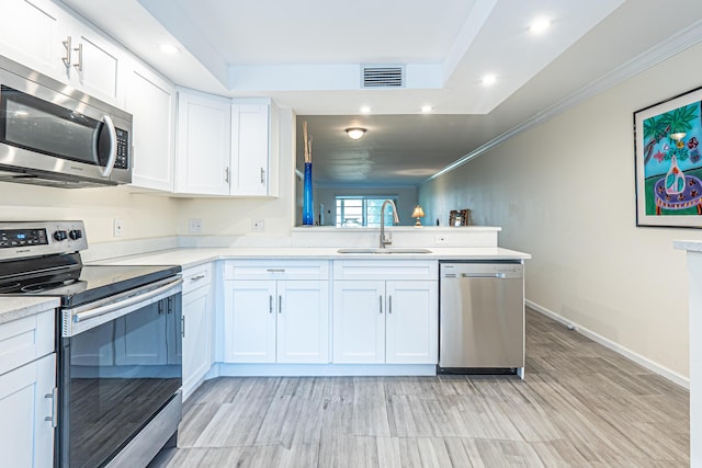 kitchen featuring white cabinets, kitchen peninsula, sink, and appliances with stainless steel finishes