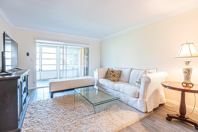 living room featuring ornamental molding and wood-type flooring