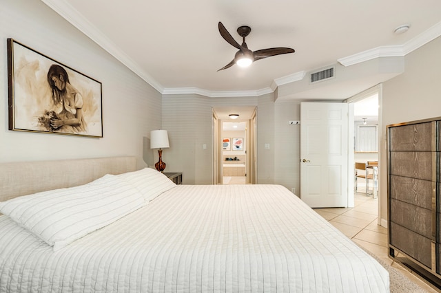 bedroom featuring light tile patterned floors, ceiling fan, and crown molding