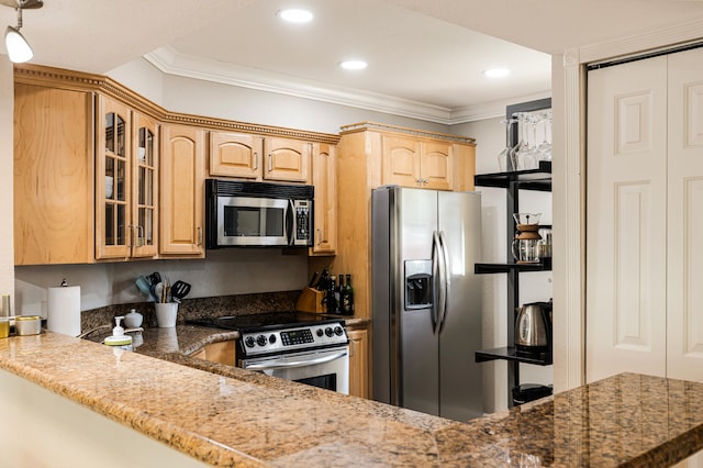 kitchen with light brown cabinets, appliances with stainless steel finishes, and crown molding