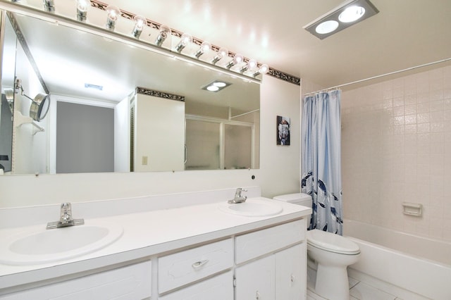 full bathroom featuring toilet, vanity, shower / bath combination with curtain, and tile patterned flooring