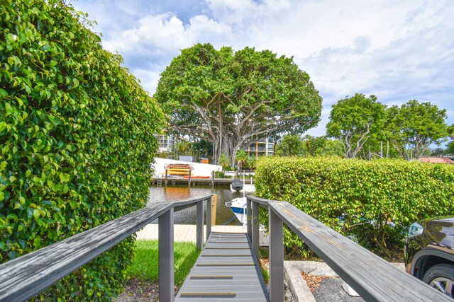 exterior space with a water view