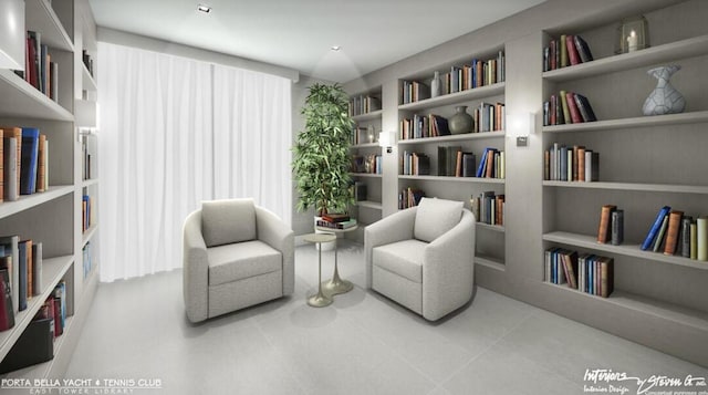 living area featuring built in shelves