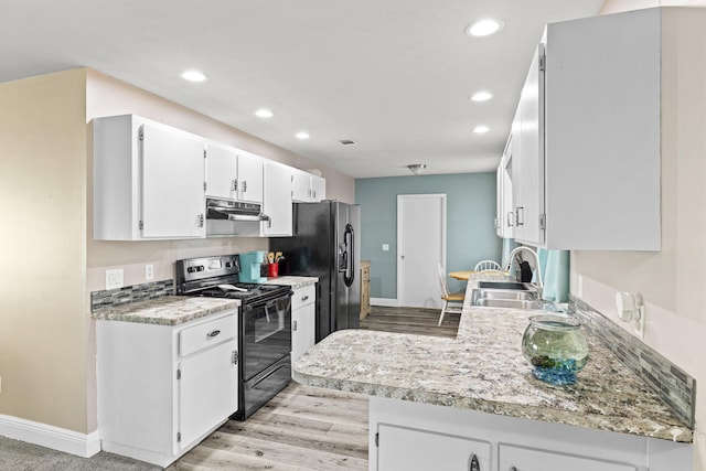 kitchen with white cabinetry, kitchen peninsula, black appliances, and sink