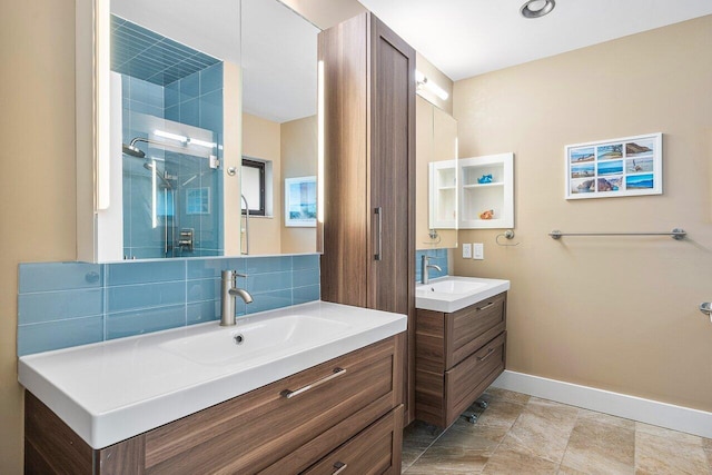 bathroom with decorative backsplash, an enclosed shower, vanity, and tile patterned flooring