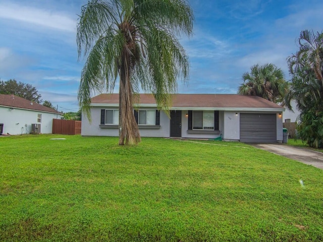 ranch-style home with concrete driveway, an attached garage, and stucco siding