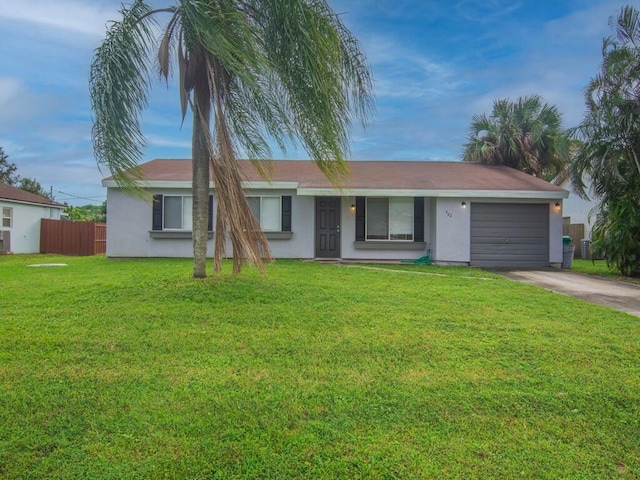 ranch-style house with concrete driveway, an attached garage, and stucco siding