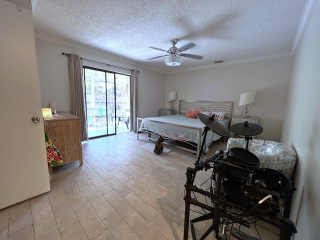 bedroom with access to outside, a textured ceiling, ceiling fan, crown molding, and light wood-type flooring